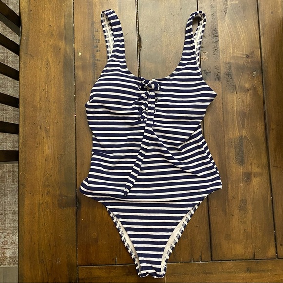 Aerie Striped Ribbed Lace Up Swimsuit Navy and White EUC Size XS - Picture 1 of 4